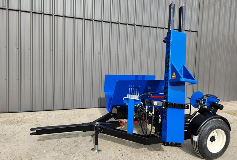 blue post pounding machine with the branding post pound commander on the side